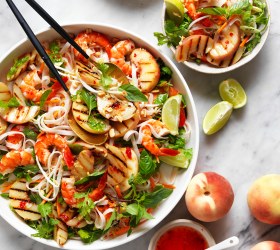 Char-grilled Peach and Prawn Pad Thai Noodle Salad